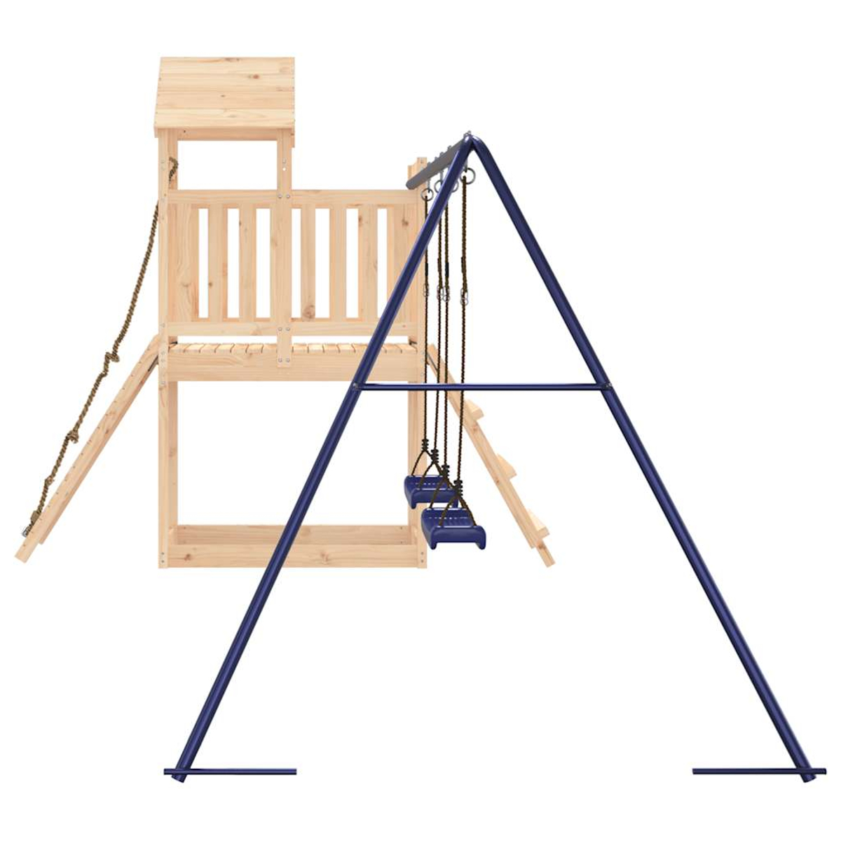 Ein hölzerner Spielturm mit einer Strickleiter und einer blauen Schaukel.