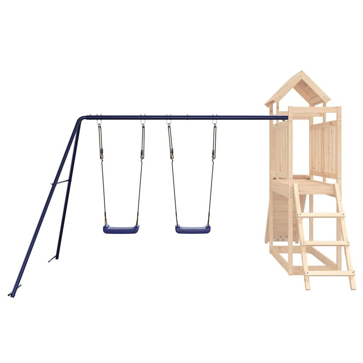 Ein hölzerner Spielturm mit zwei blauen Schaukeln und einer Leiter.