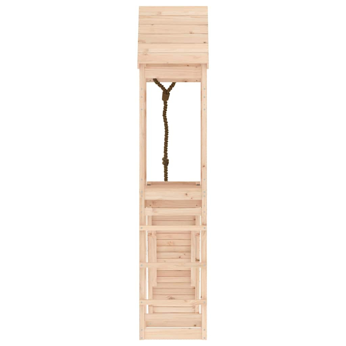 Ein hölzerner Spielturm mit Seil und Leiter vor weißem Hintergrund.