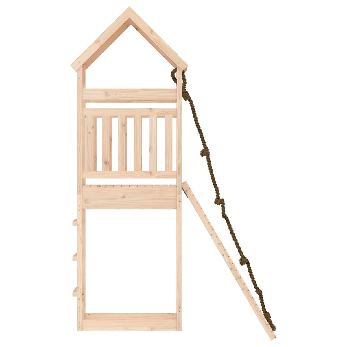 Ein Holzspielhaus mit einem Seil und einer Rutsche.
