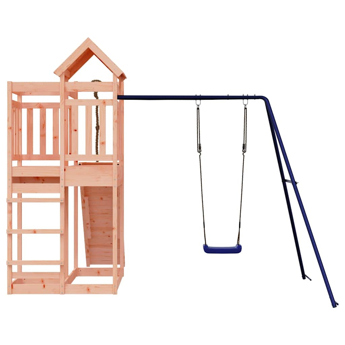 Holzspielturm mit Leiter, Kletterwand und blauer Schaukel.