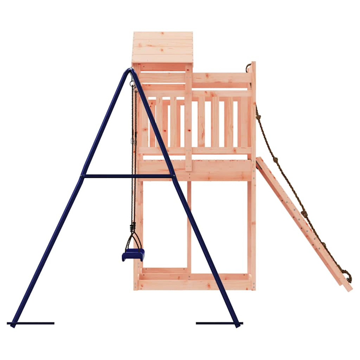 Ein Holzspielturm mit Schaukel, Kletterwand und Rutsche auf weißem Hintergrund.
