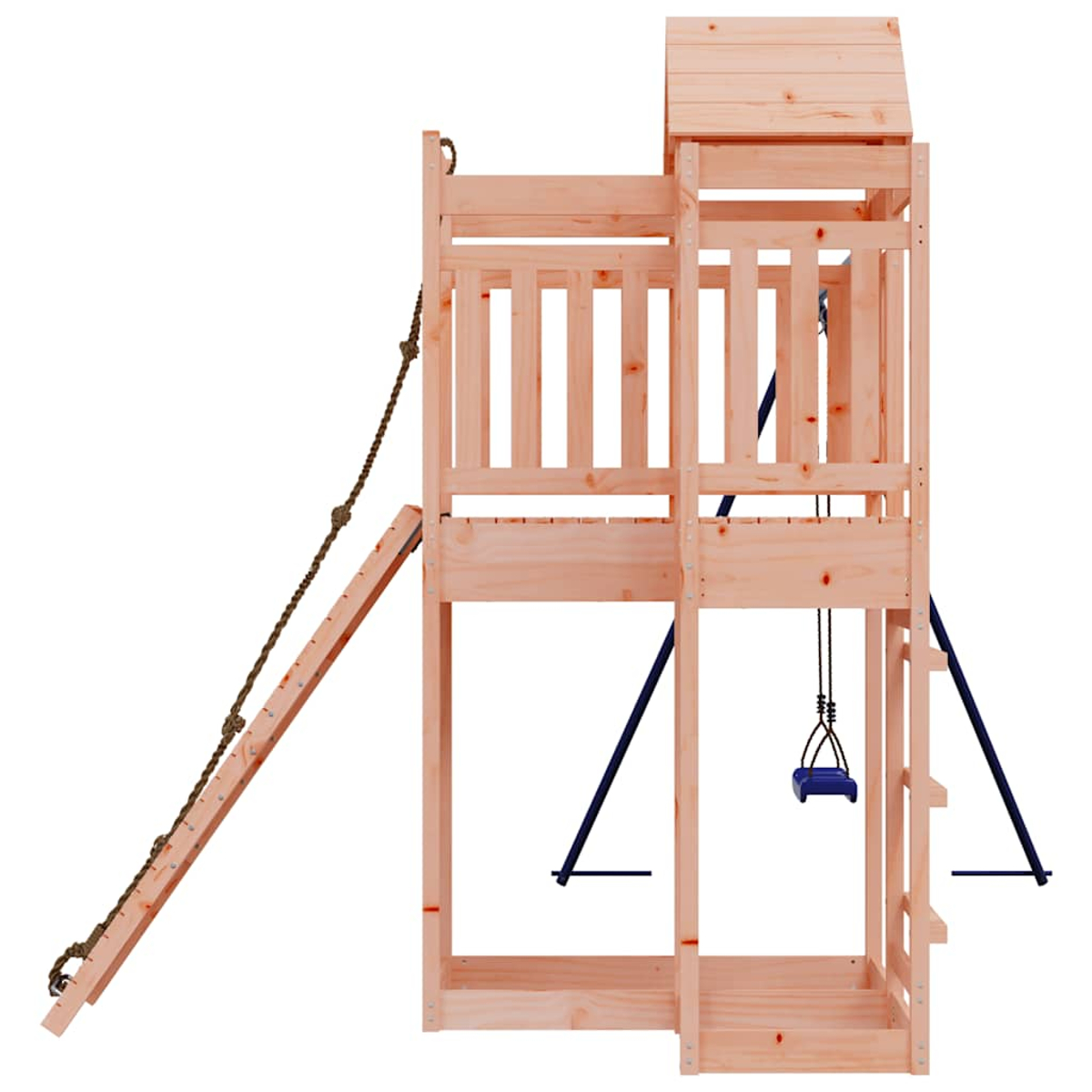 Holzspielplatz mit Rutsche, Strickleiter und Schaukel.