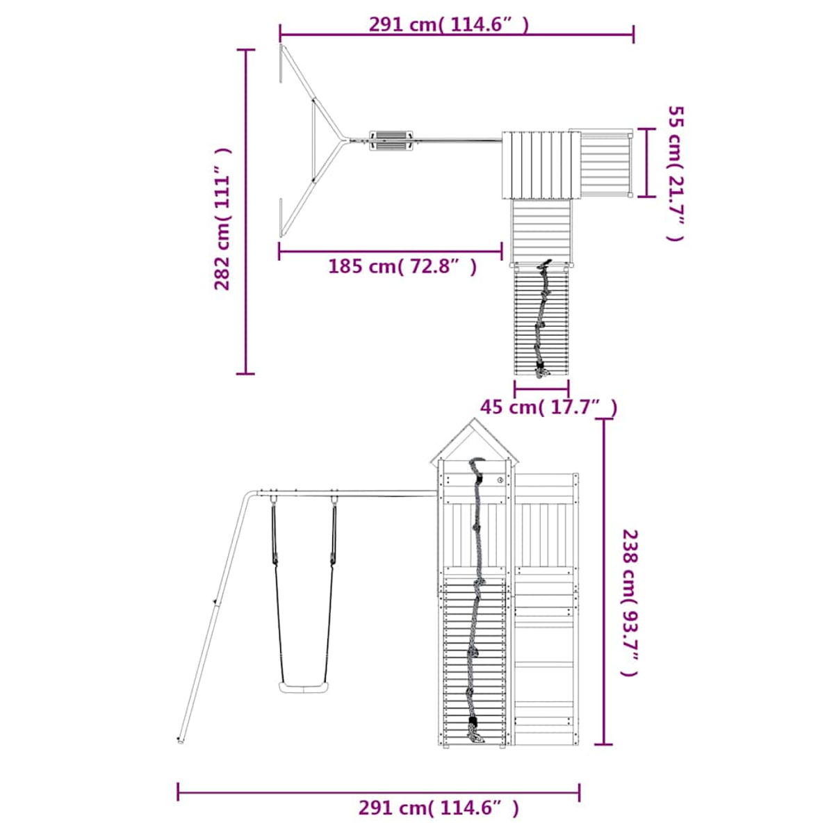 Diagramm einer Holzschaukel mit Maßen. Draufsicht & Seitenansicht.