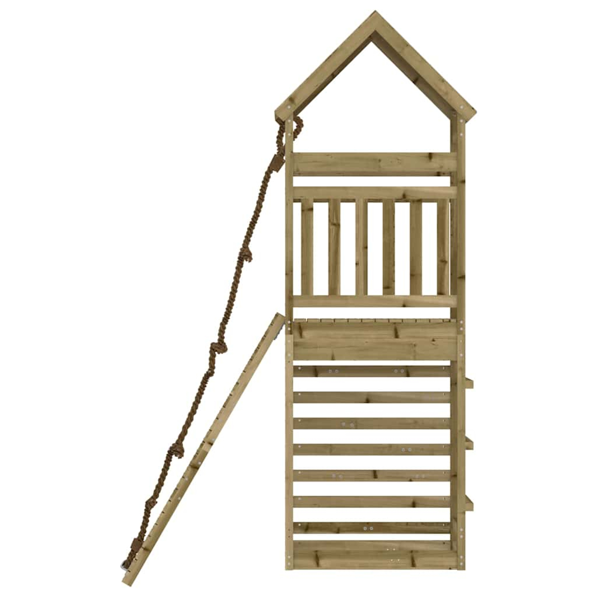 Holzspielturm mit Dach, Leiter und Seil.
