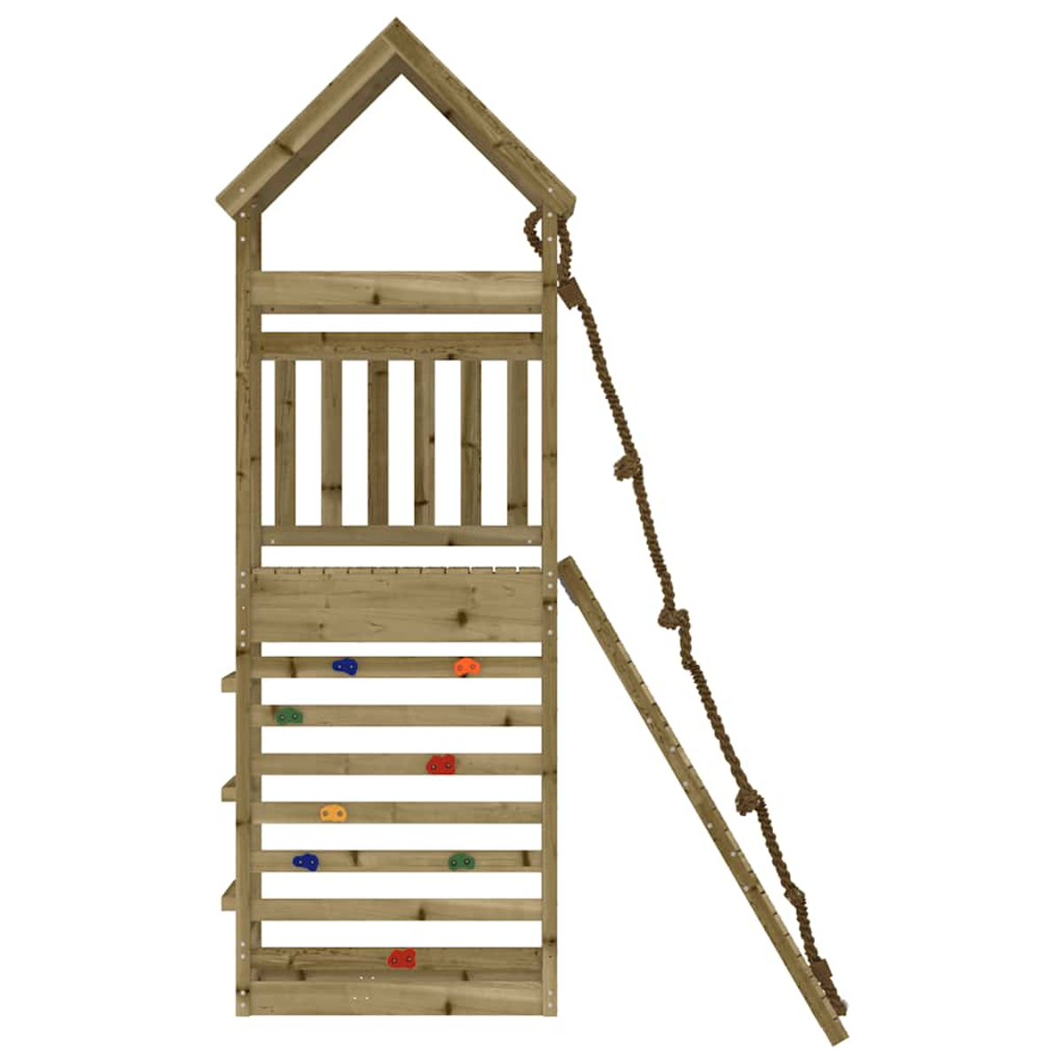 Hölzerner Spielturm mit Kletterwand, Leiter und Seil. Weißer Hintergrund.