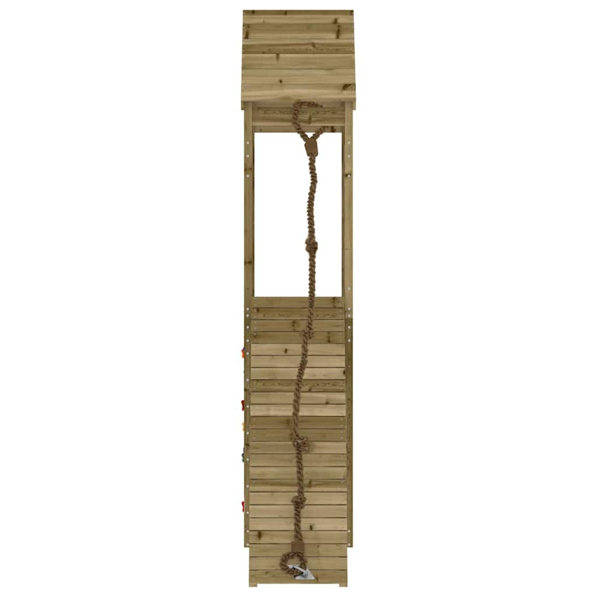 Holz-Kletterturm mit Seil und Griffen.