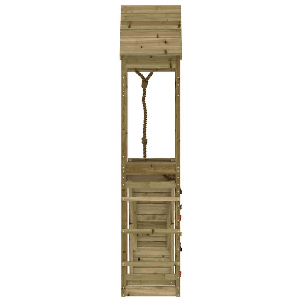 Ein hölzerner Kletterturm mit Dach, Seil und farbigen Griffen.