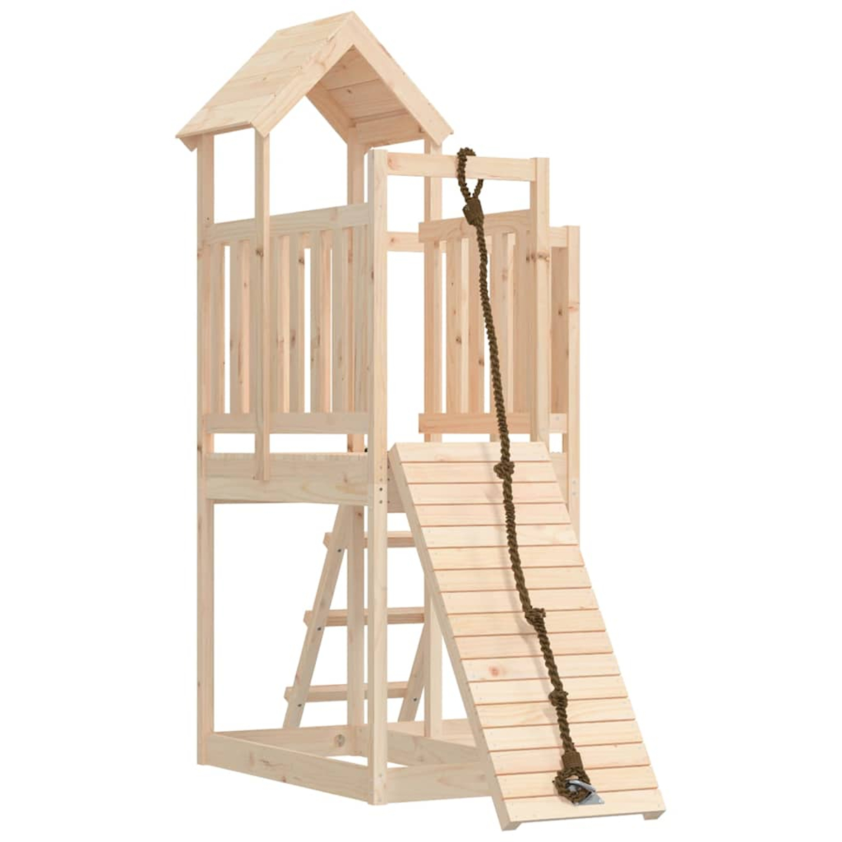 Ein hölzerner Spielturm mit Rutsche, Leiter und Seil.