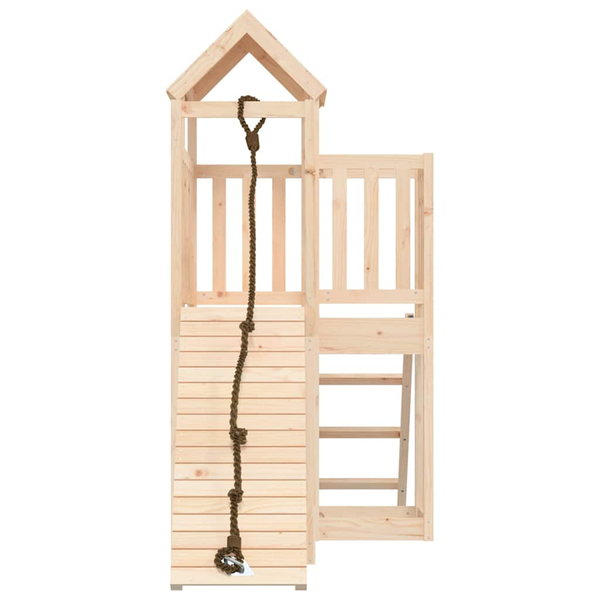 Holzspielturm mit Leiter, Rutsche und Seil.