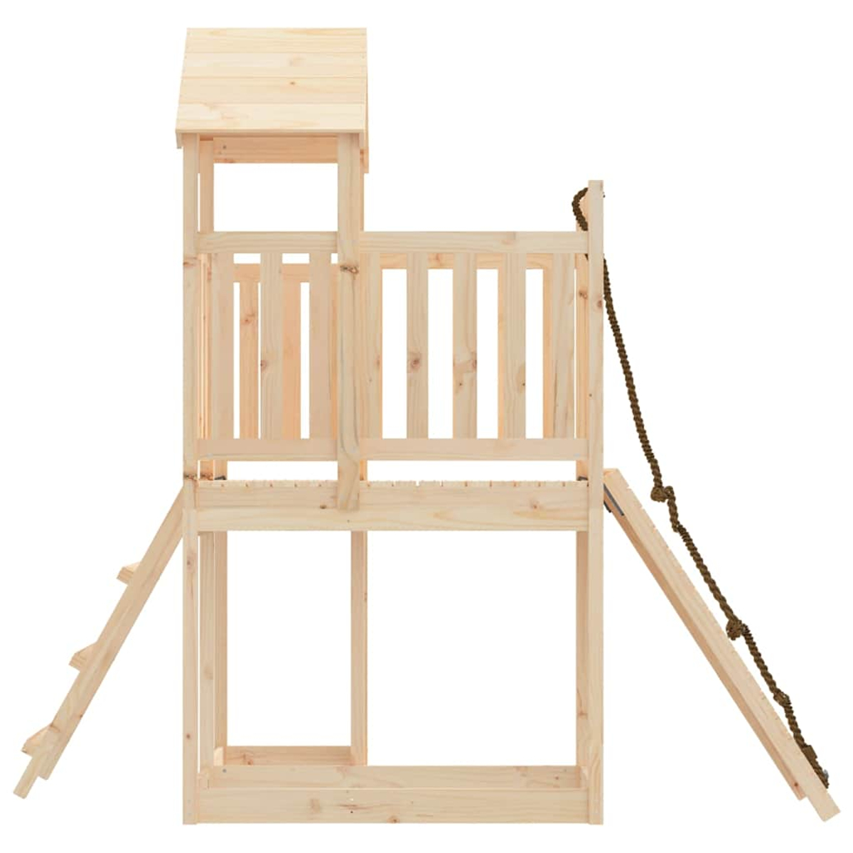 Holzspielhaus mit Leiter, Seil und kleinem Dachabschnitt.