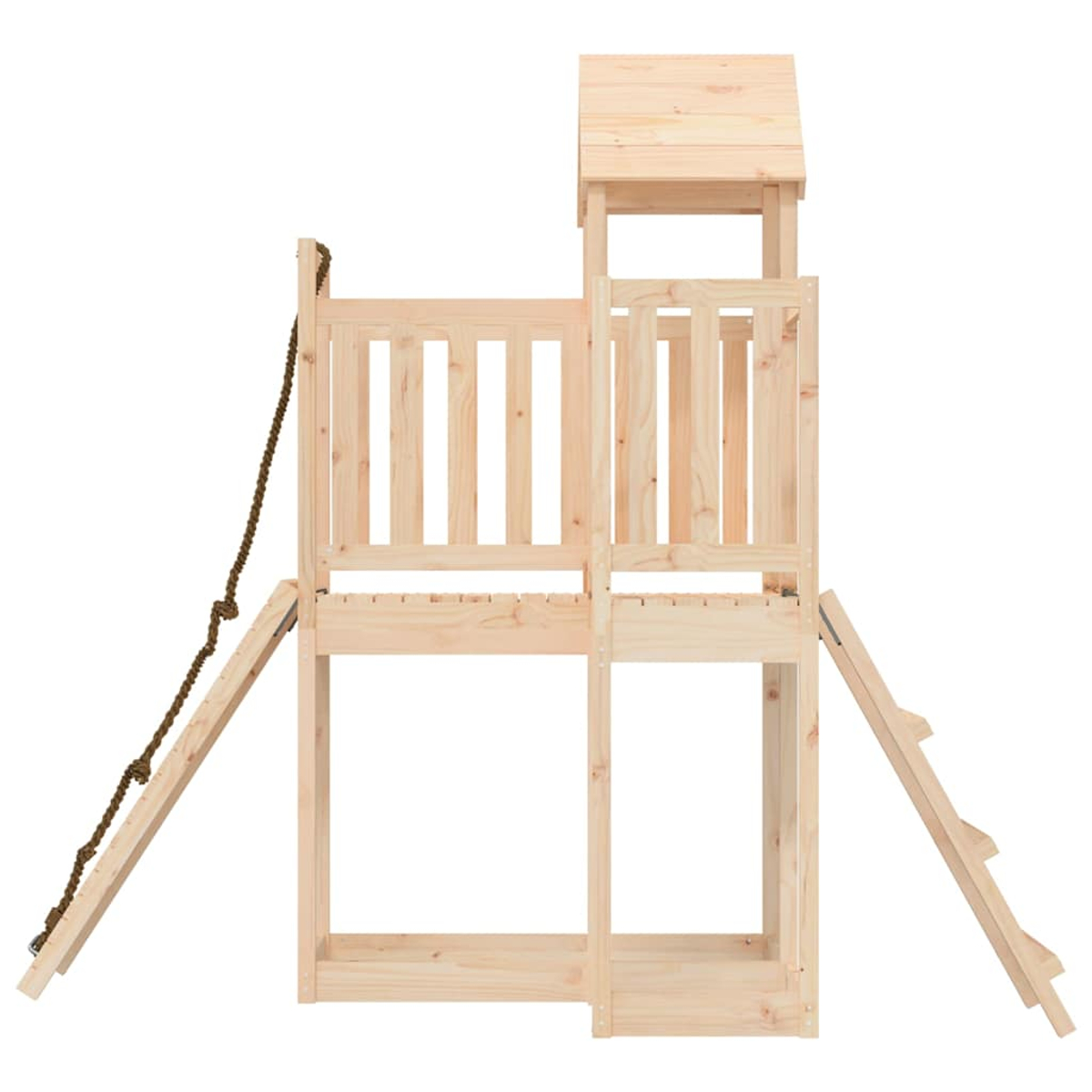 Ein hölzerner Spielturm mit Dach, Leiter und Seil.