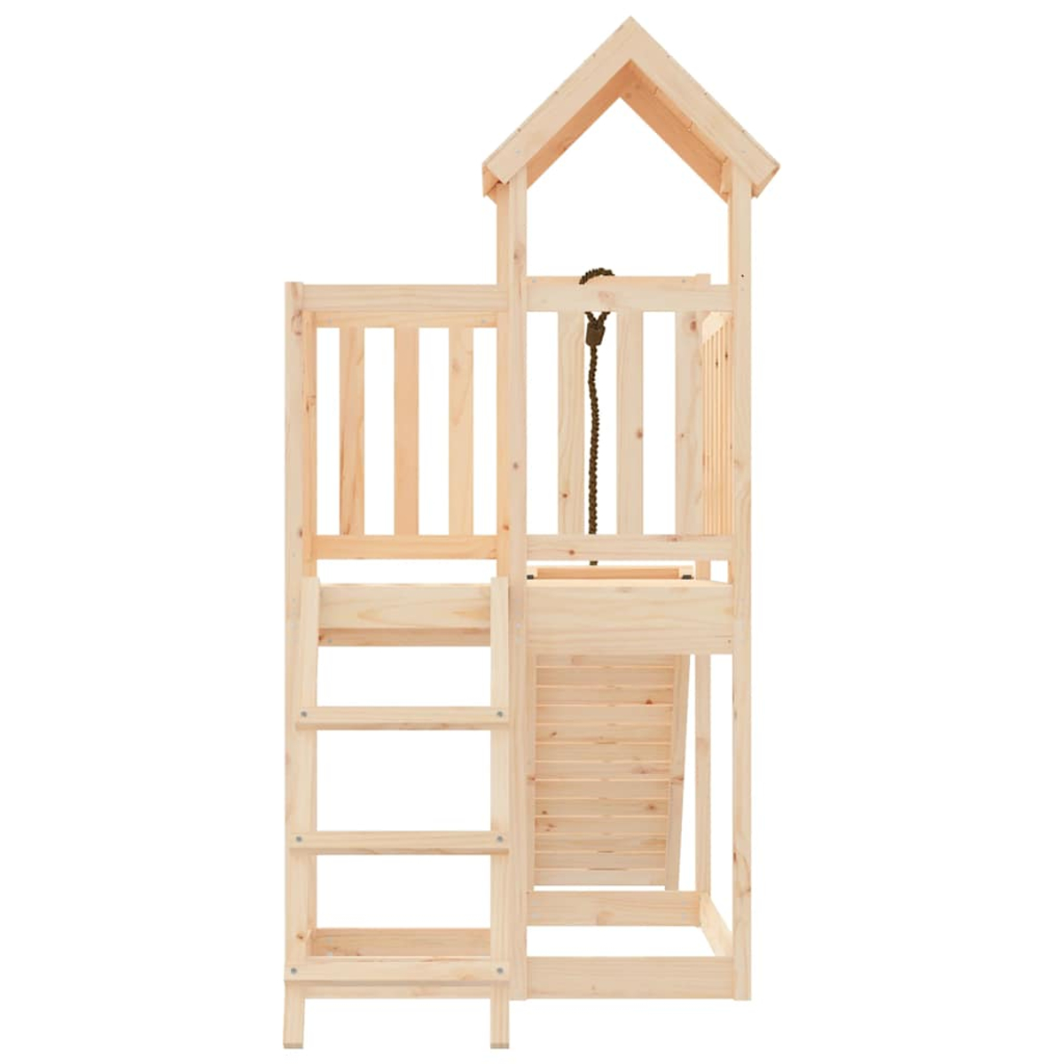 Ein hölzerner Spielturm mit Leiter und Seil, weißer Hintergrund.
