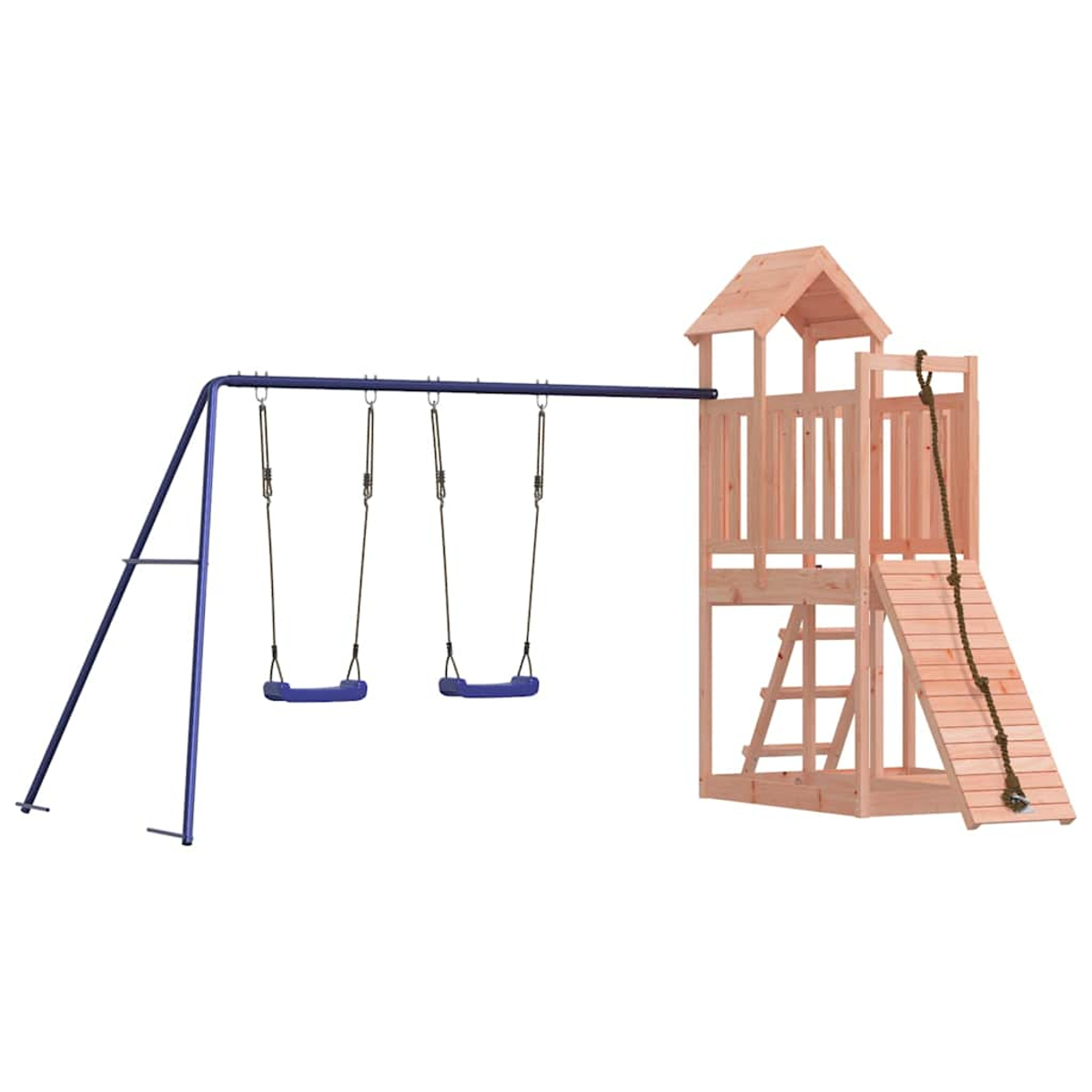Ein Holzspielplatz mit einer blauen Schaukel und einem Strickleiter.