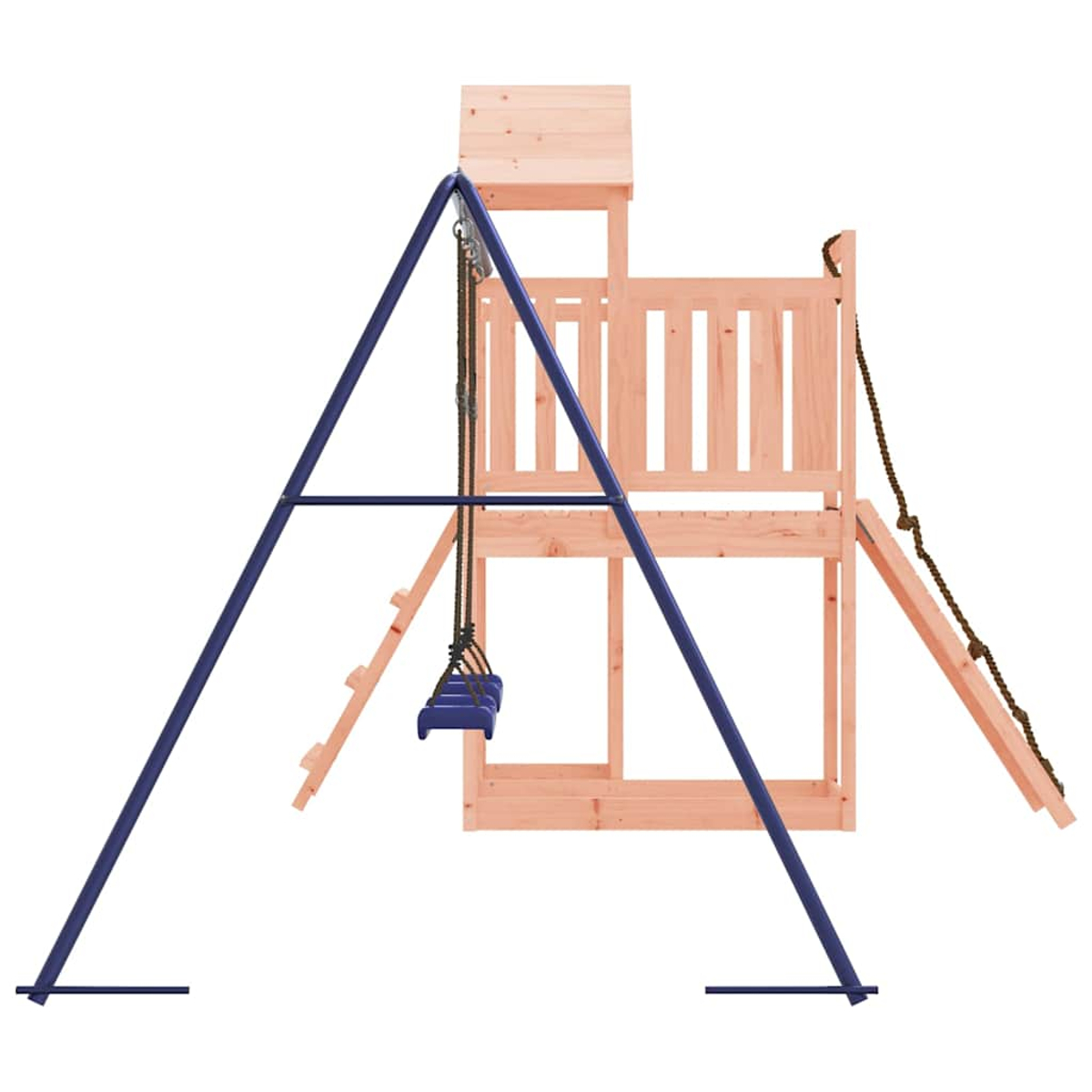 Holz-Spielturm mit Schaukel, Rutsche und Leiter, blaue Schaukelsitze.