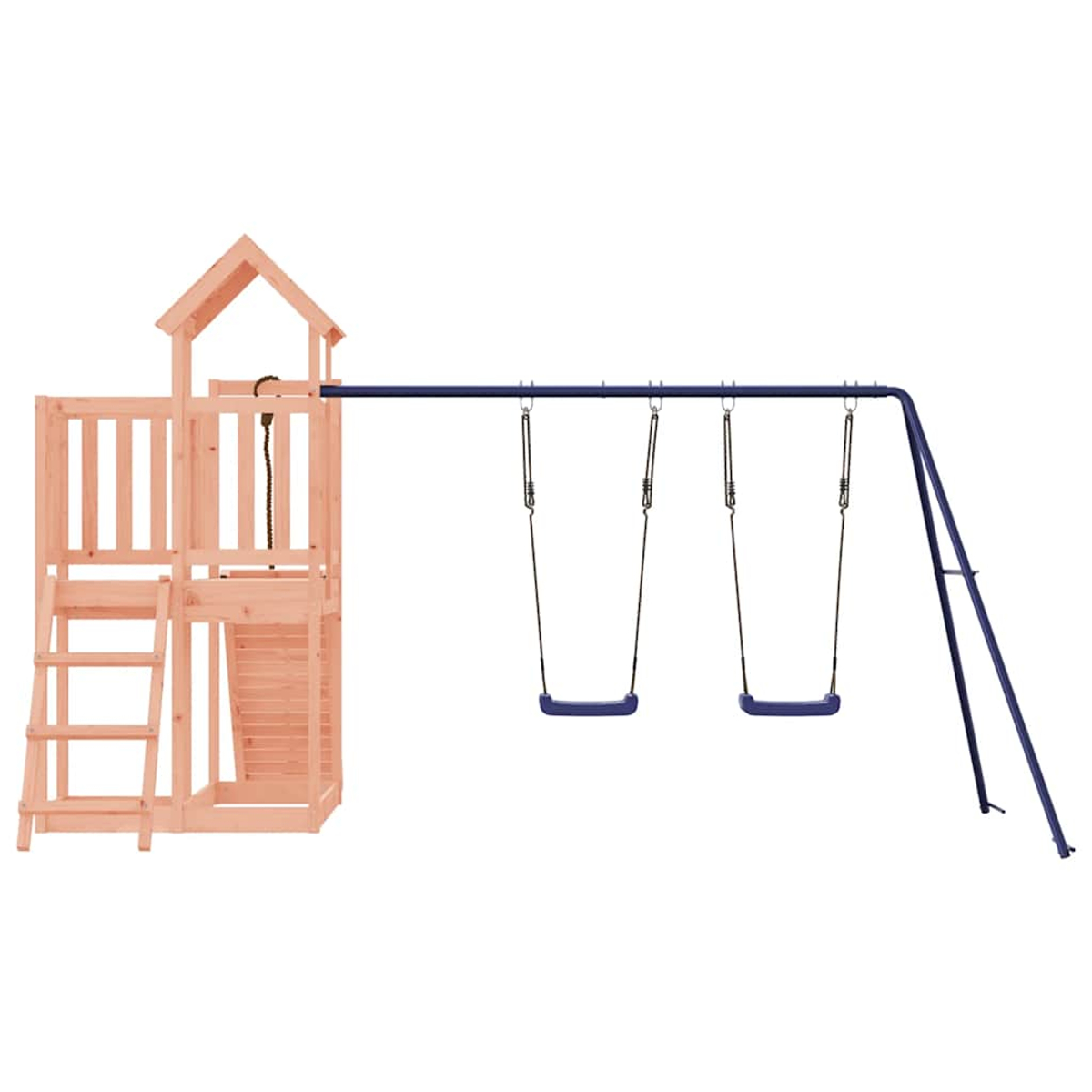 Ein hölzerner Spielturm mit Leiter und Dach, daneben eine blaue Schaukelkonstruktion mit zwei Schaukelsitzen.
