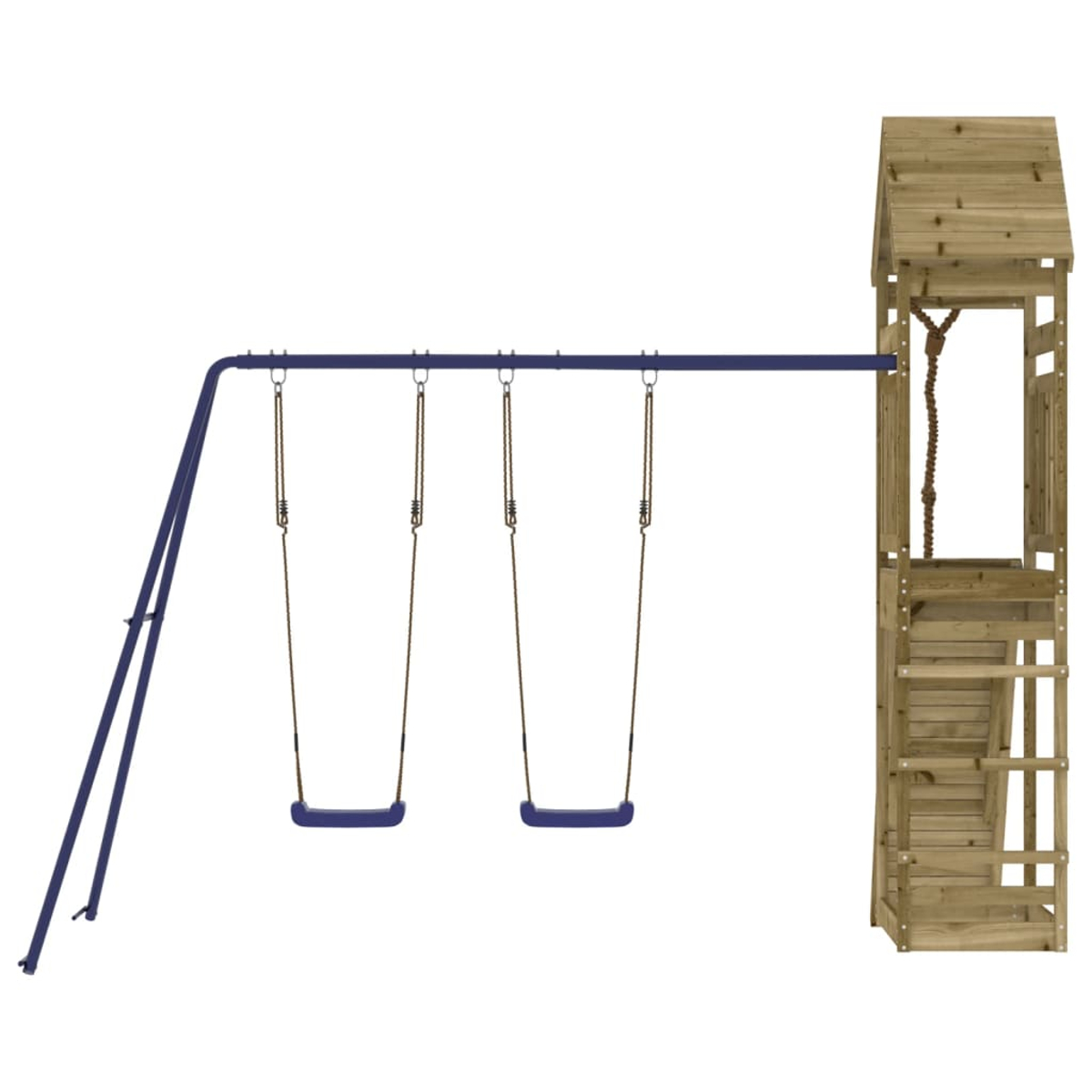 Ein Spielturm mit Schaukeln und einer Holzstruktur.