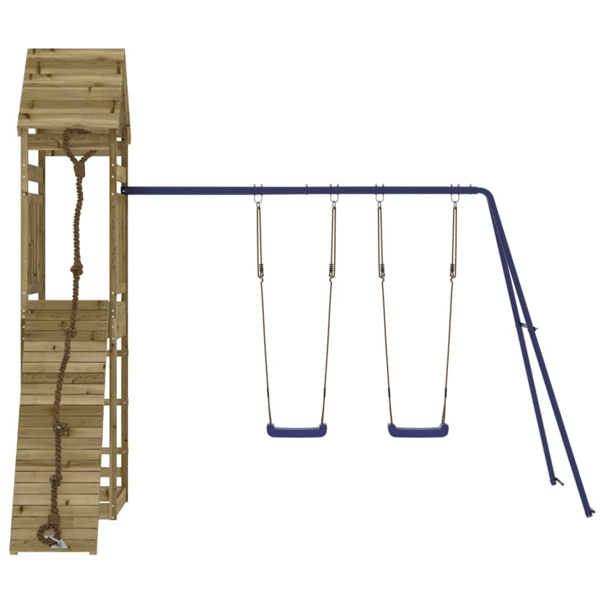 Holzspielturm mit Kletterseil und zwei blauen Schaukelsitzen an blauem Rahmen.