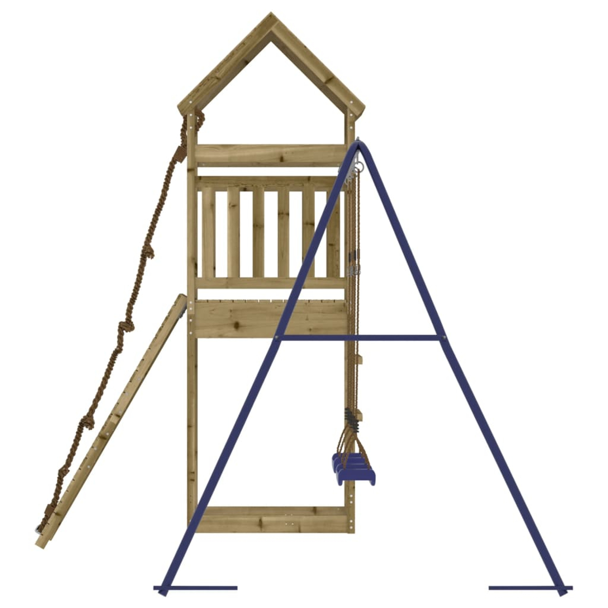 Ein Holzspielturm mit blauem Schaukeltrapez und Strickleiter.