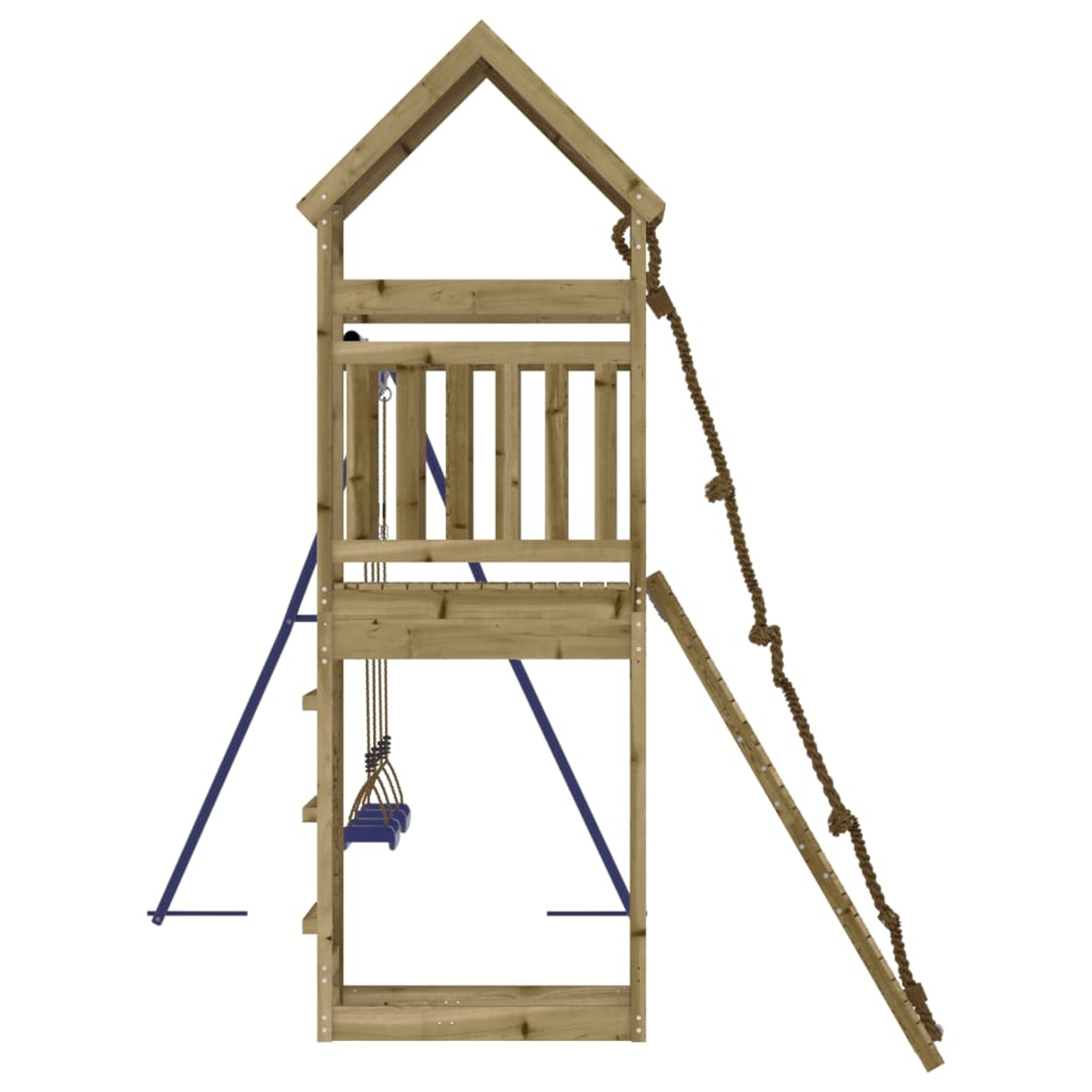 Ein hölzerner Spielturm mit Schaukel, Leiter und Seil.
