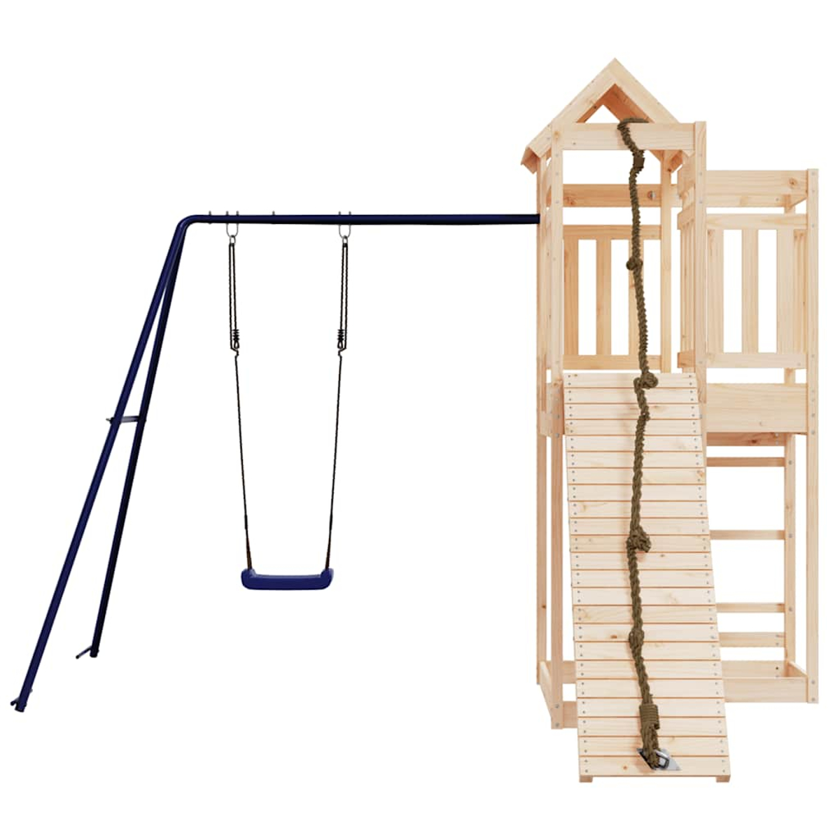 Holz-Spielturm mit Schaukel und Kletterseil, vor weißem Hintergrund.