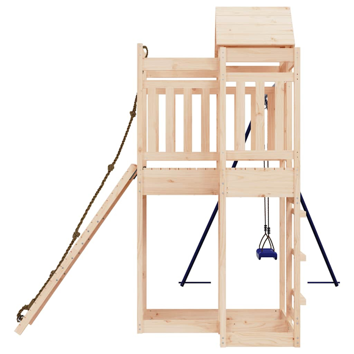 Ein hölzerner Spielturm mit Leiter, Seil und Schaukel.