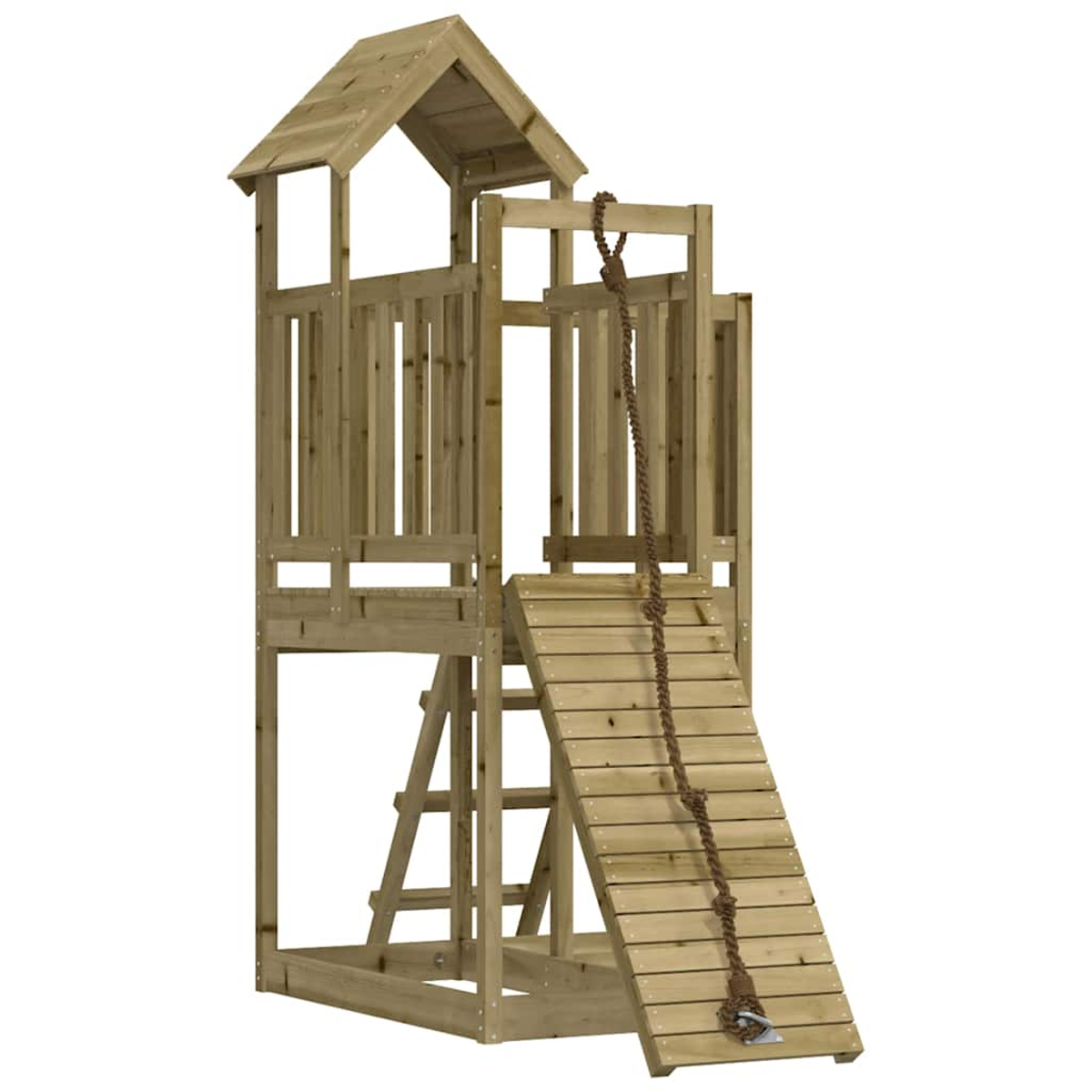 Holzspielhaus mit Leiter, Rutsche und Seil.