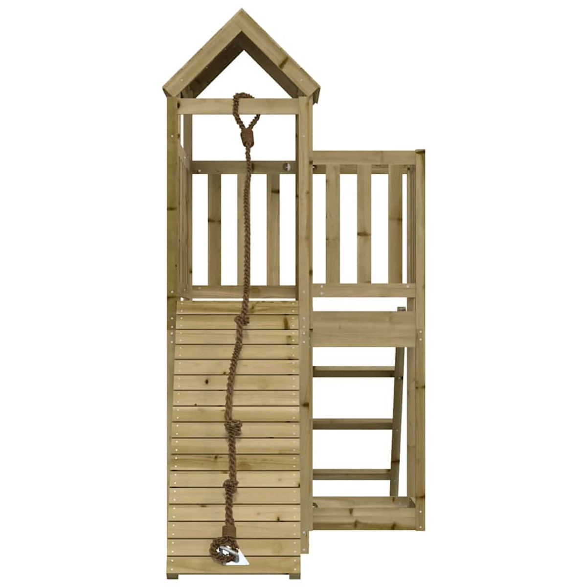 Ein hölzerner Spielturm mit Leiter, Kletterseil und Dach.