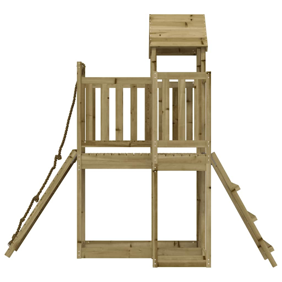 Ein hölzerner Spielturm mit Rutsche und Strickleiter.