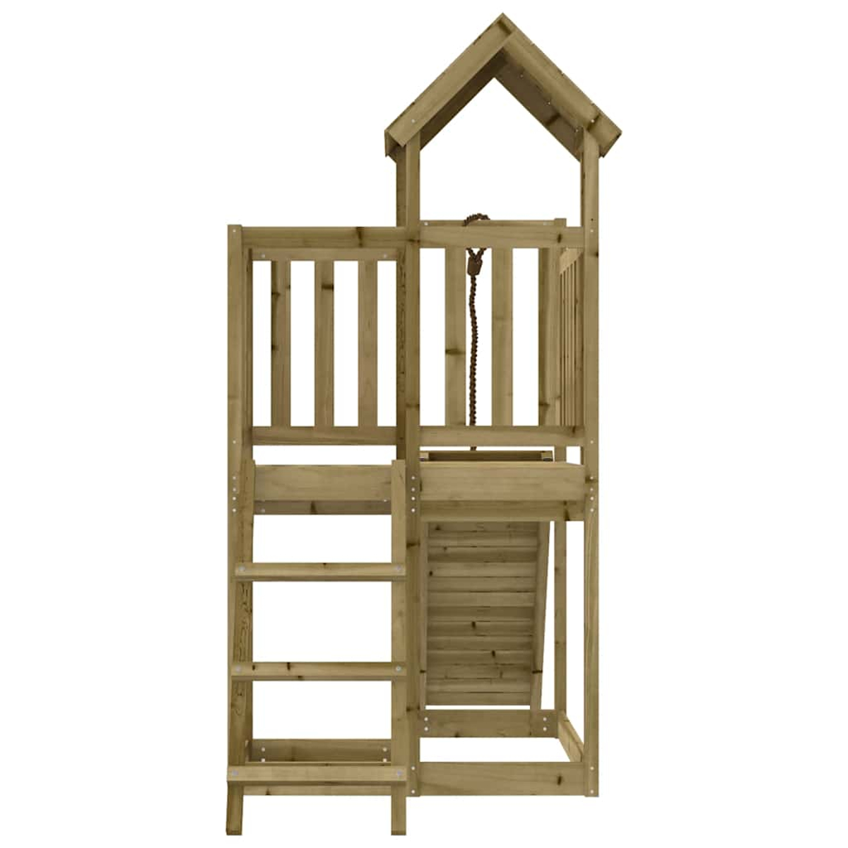 Ein hölzerner Spielturm mit Leiter, Rutsche und Dach.