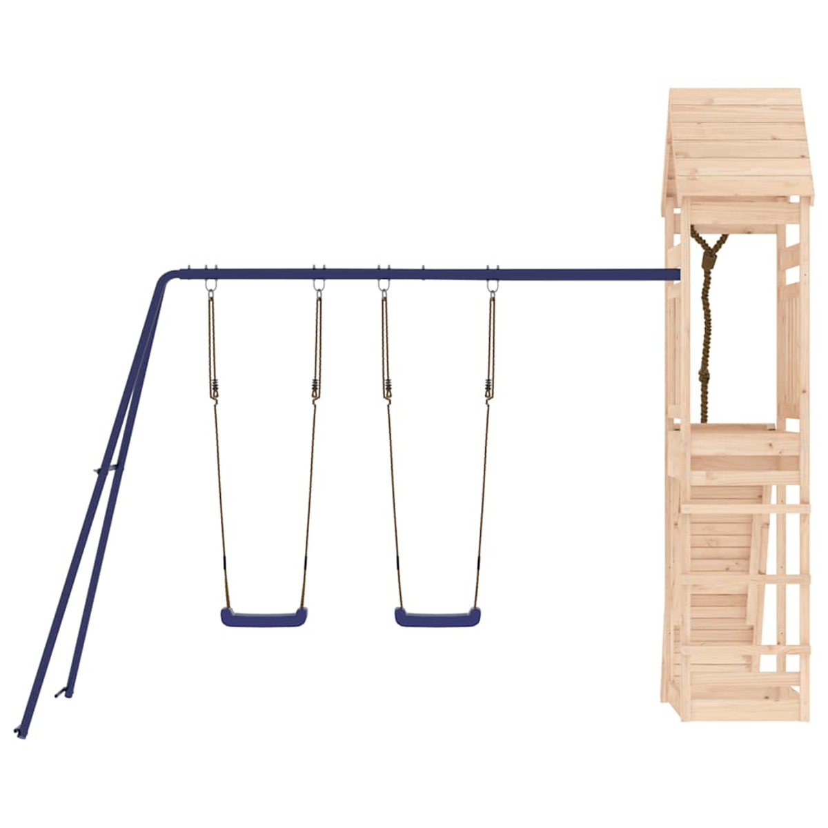 Ein blaues Metall-Schaukelgestell mit zwei blauen Schaukeln und einem Holzspielhaus.