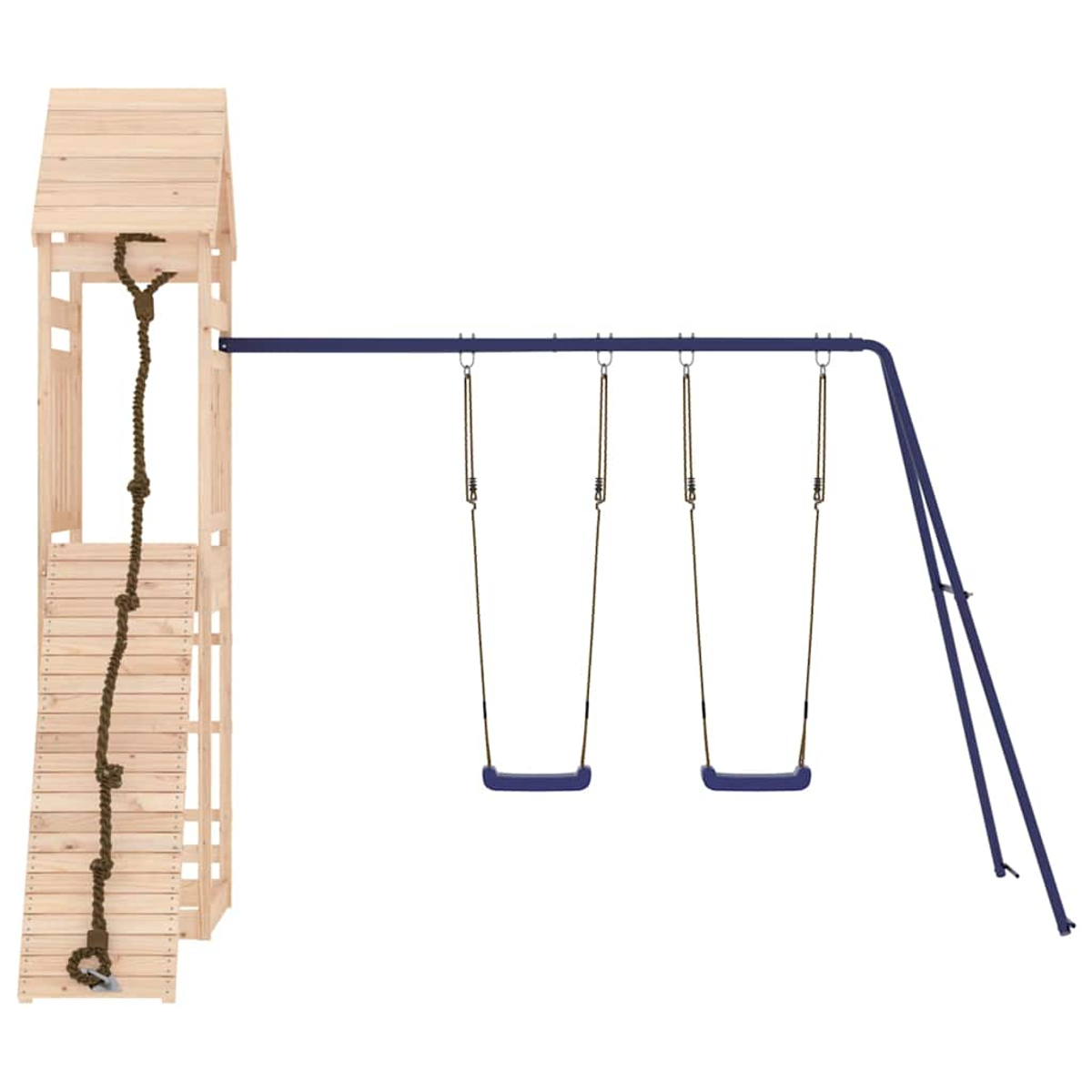 Holzspielturm mit Kletterseil und zwei blauen Schaukeln an dunkelblauem Gestell.