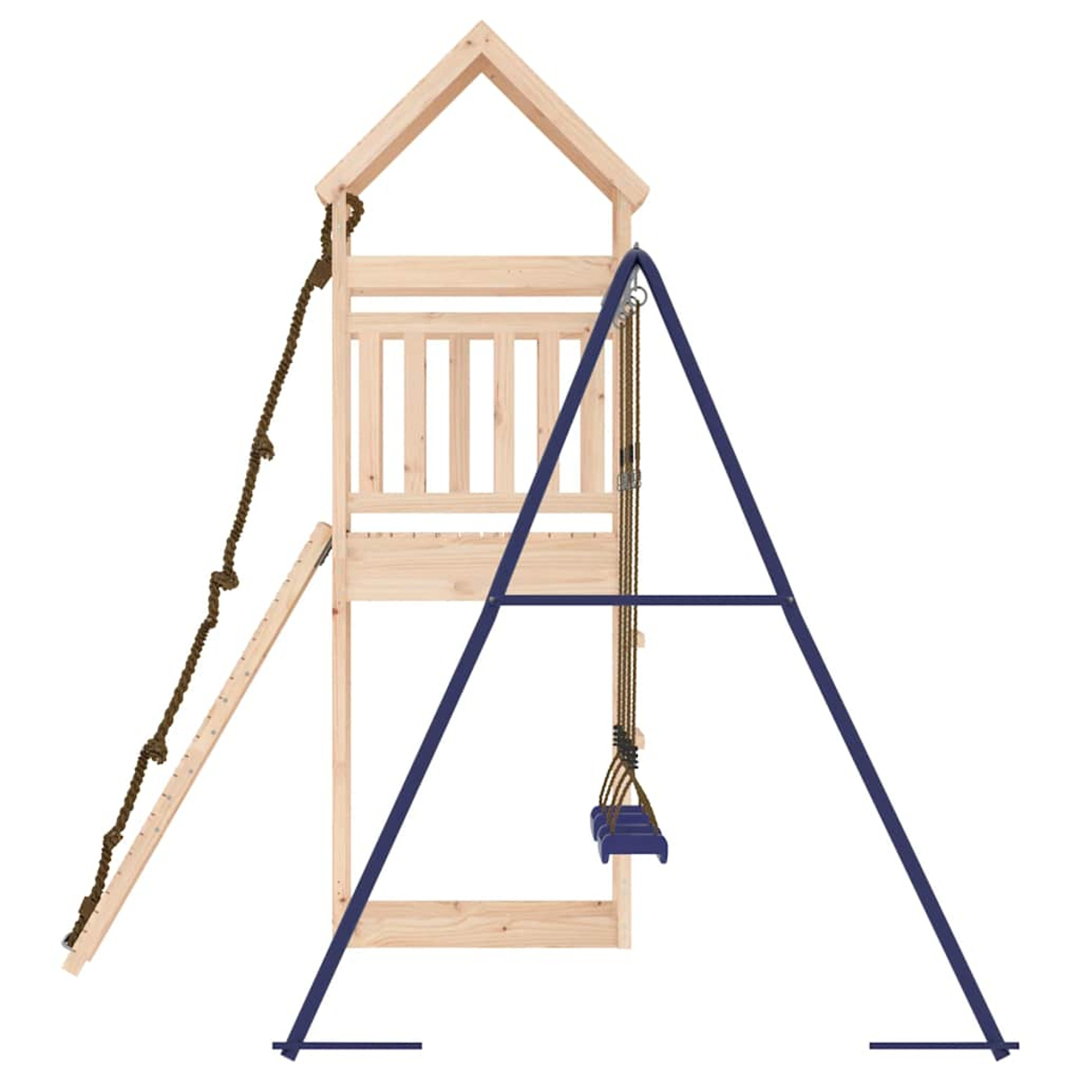 Holzspielhaus mit Leiter und blauem Schaukelsatz auf weißem Hintergrund.