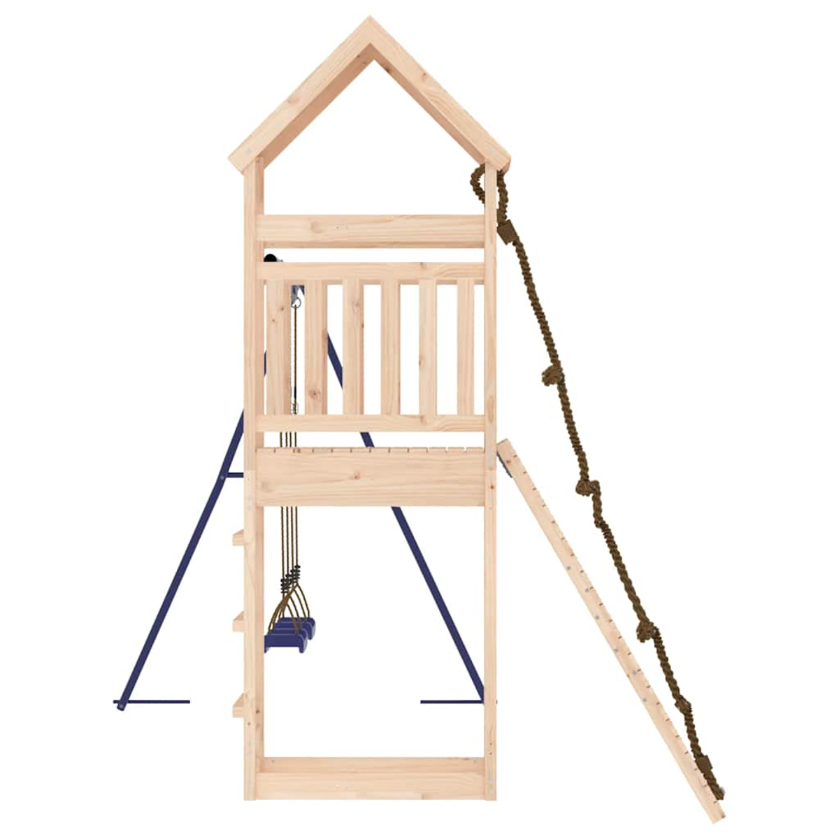Ein hölzerner Spielturm mit Schaukel, Kletterseil und Leiter. Weißer Hintergrund.