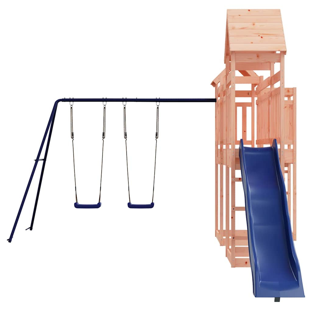 Hölzerne Spielstruktur mit blauen Schaukeln und einer blauen Rutsche auf weißem Grund.