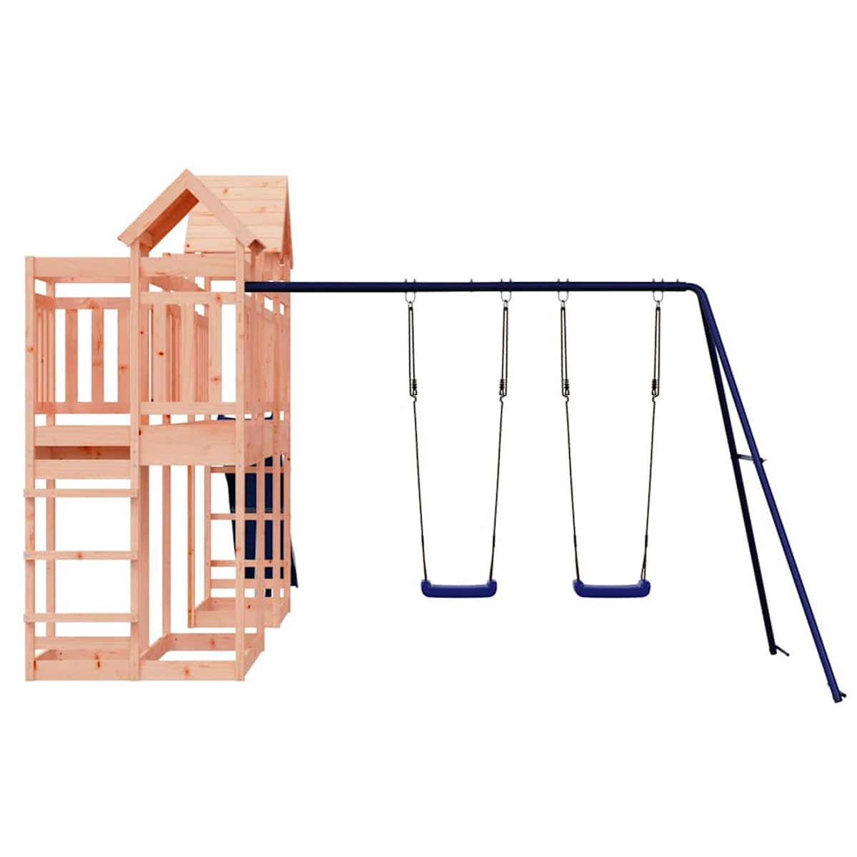 Holz-Spielturm mit Dach und zwei blauen Schaukelsitzen an einem blauen Gestell.