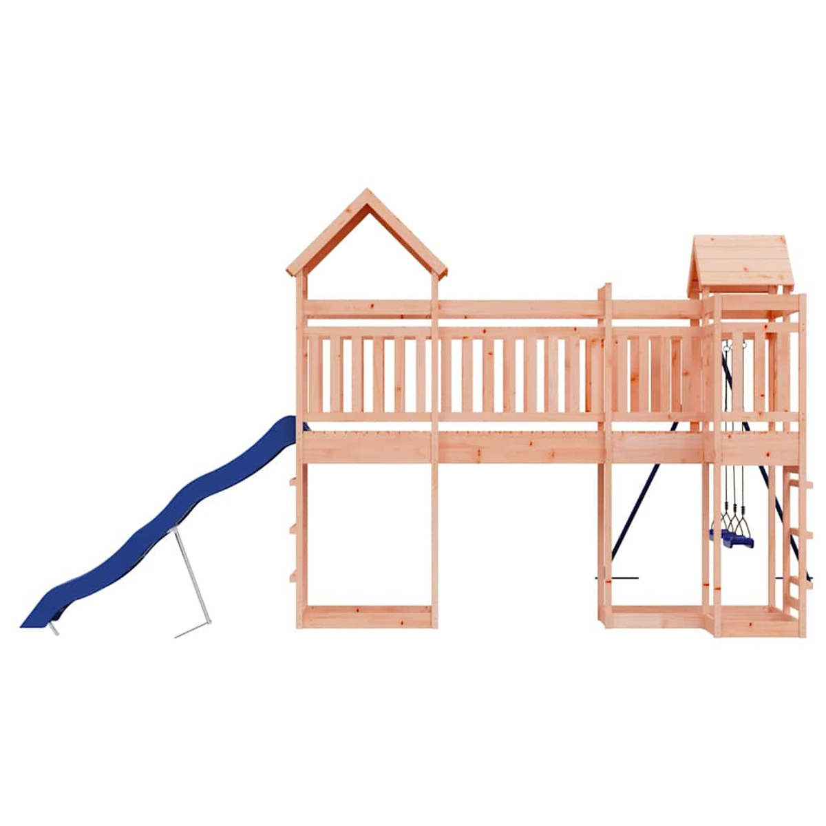 Ein Holzspielgerüst mit Rutsche, Schaukeln und kleinem Dach.