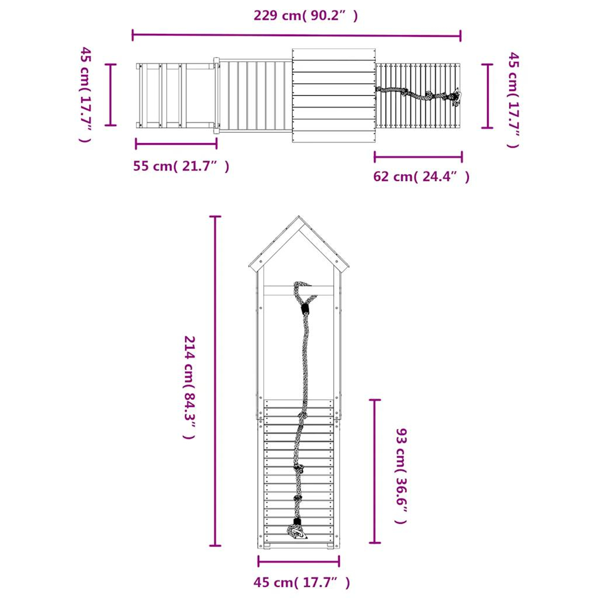 Diagramm einer Spielplatzstruktur mit Maßen. Oben: eine Leiter und eine Rutsche.