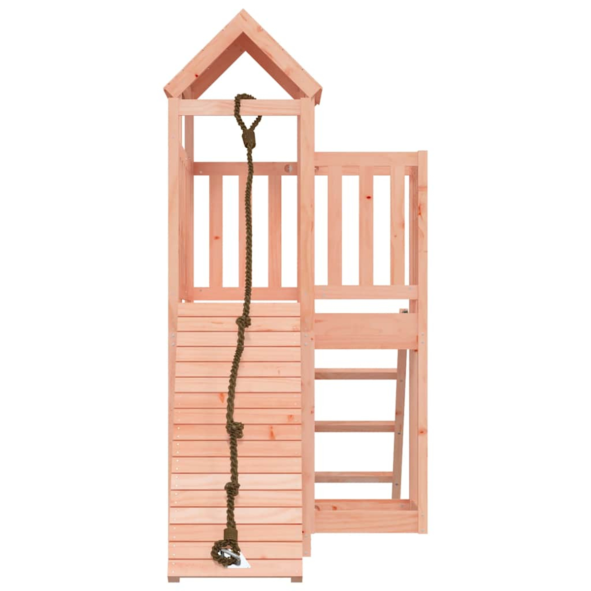 Holzspielturm mit Rutsche, Leiter und Kletterseil.