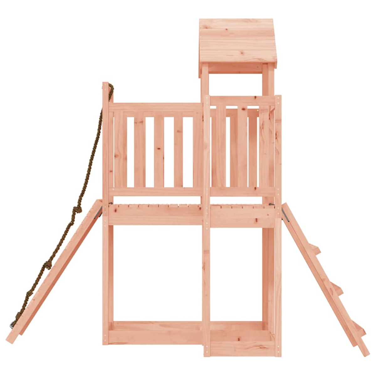 Ein hölzerner Spielturm mit Leiter, Seil und Dach.