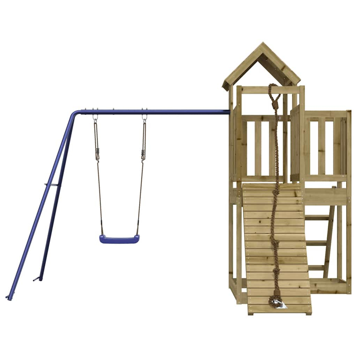 Holzspielturm mit Schaukel, Rutsche und Kletterseil auf weißem Hintergrund.