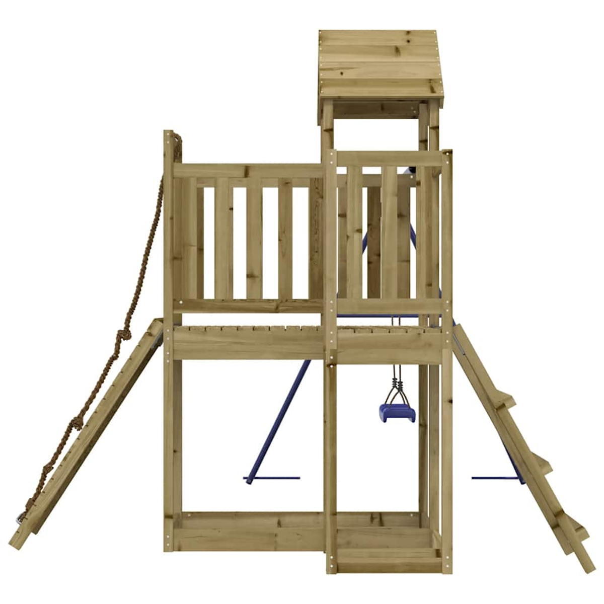 Holzspielturm mit Rutsche, Schaukel, Strickleiter und Hütte.