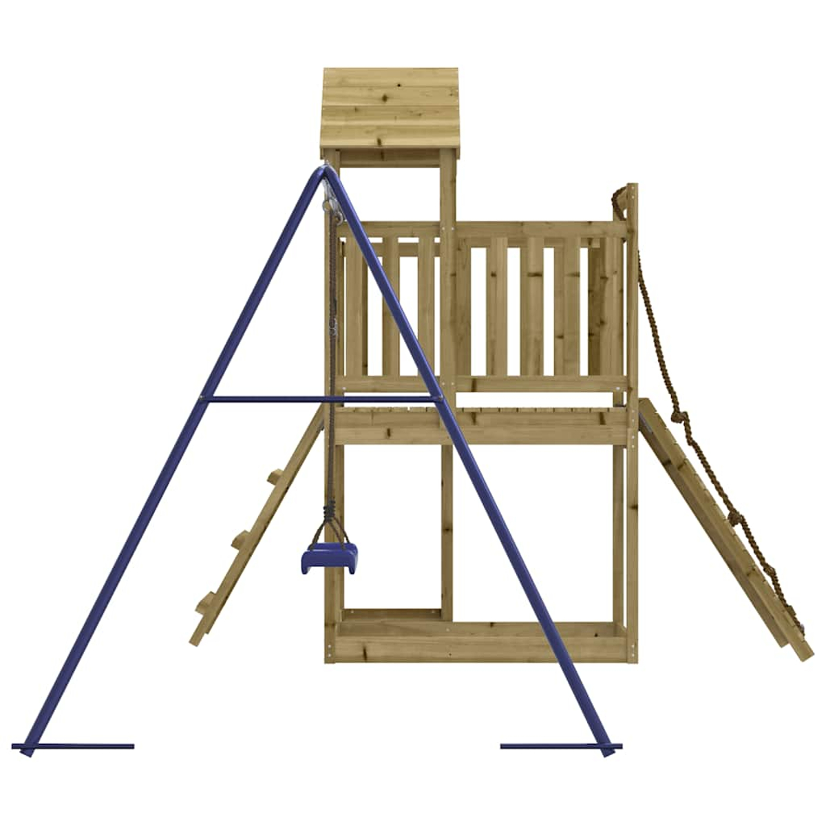 Ein Holzspielturm mit Schaukel, Strickleiter und Rutsche.