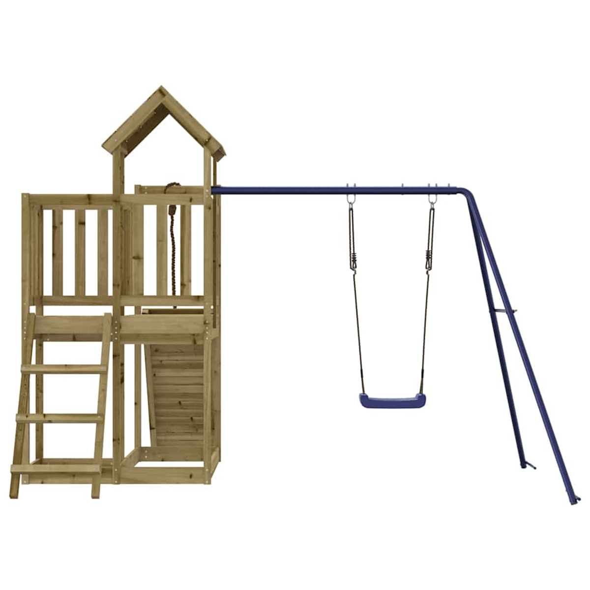 Ein Holzspielturm mit Leiter und einer blauen Schaukel auf einem Metallgestell.