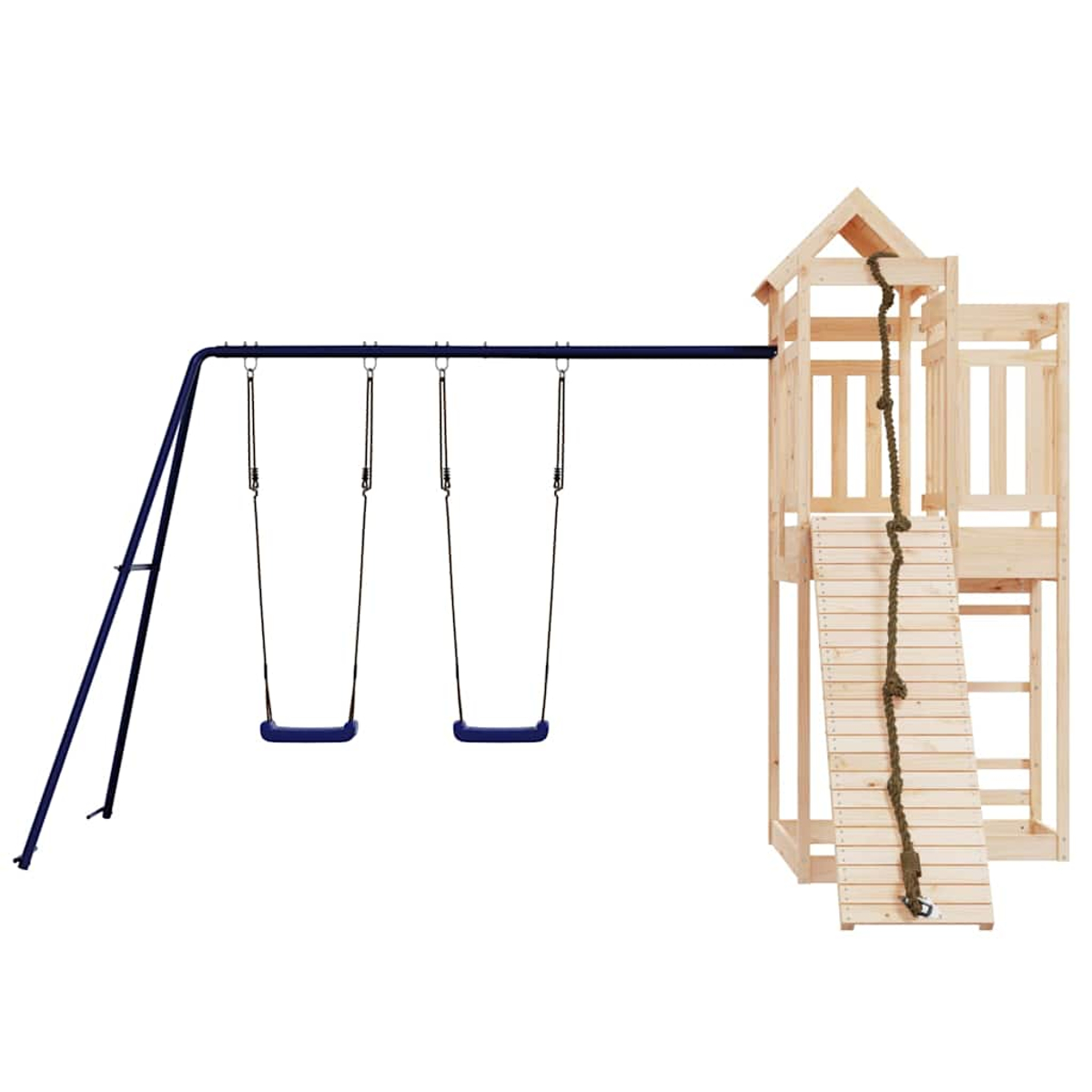 Ein hölzerner Spielturm mit Schaukeln und einer Kletterleine.