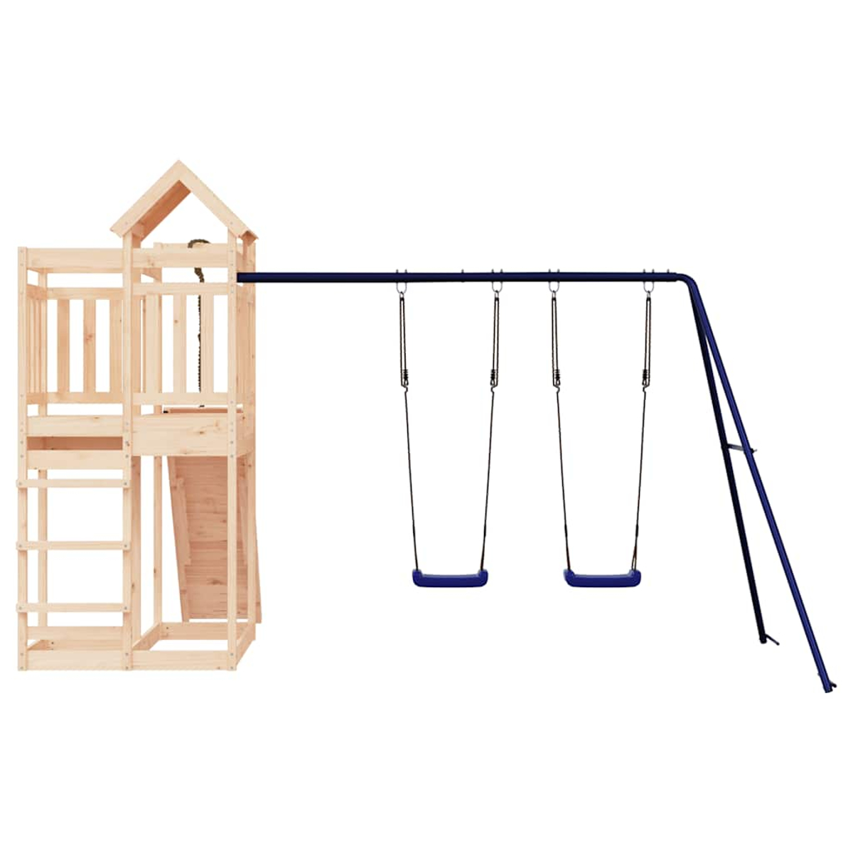 Holzspielturm mit Leiter und Rutsche, daneben eine blaue Schaukelgarnitur.