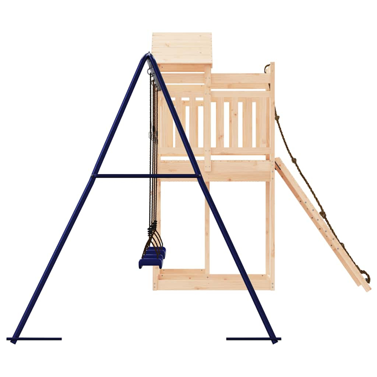 Ein hölzerner Spielturm mit Schaukel, Rutsche und Kletterseil.