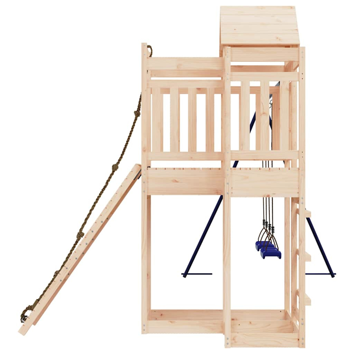 Holzspielturm mit Rutsche, Seil und Schaukeln.