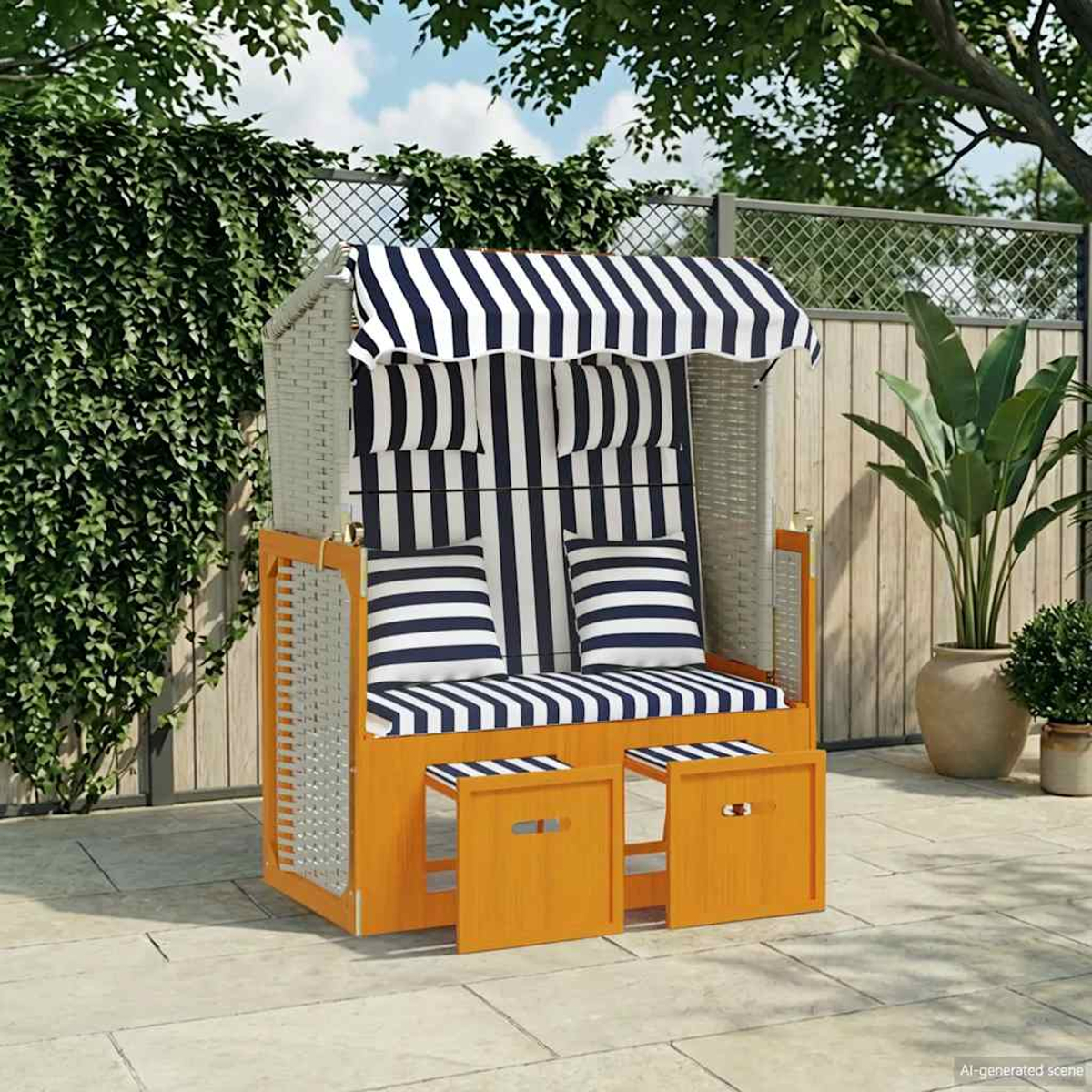 Ein orangefarbener Strandkorb mit blauen und weißen Streifen steht auf einer Steinterrasse.