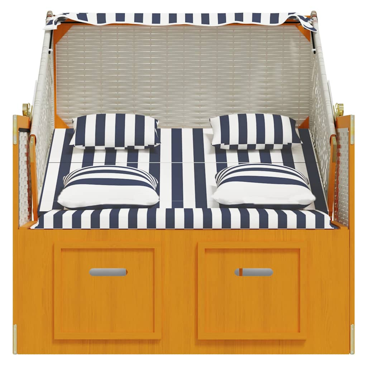 Ein Strandkorb mit blau-weißen Streifen und Holzfächern.